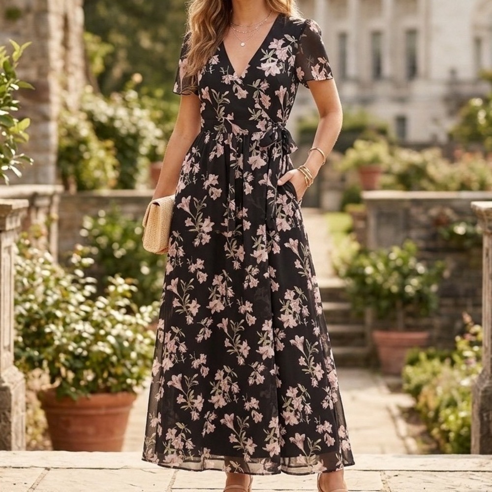 Ryan Michelle Floral Chiffon Wrap Maxi Dress Black Pink M Wedding Guest Boho